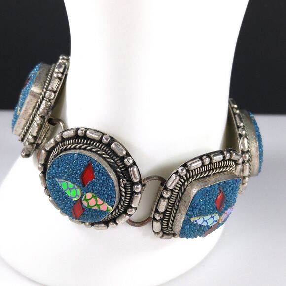 Art Crafted Five Linked Bracelet, Silver Tone, Iridescent Design, 1960s Vintage - Picture 4 of 10